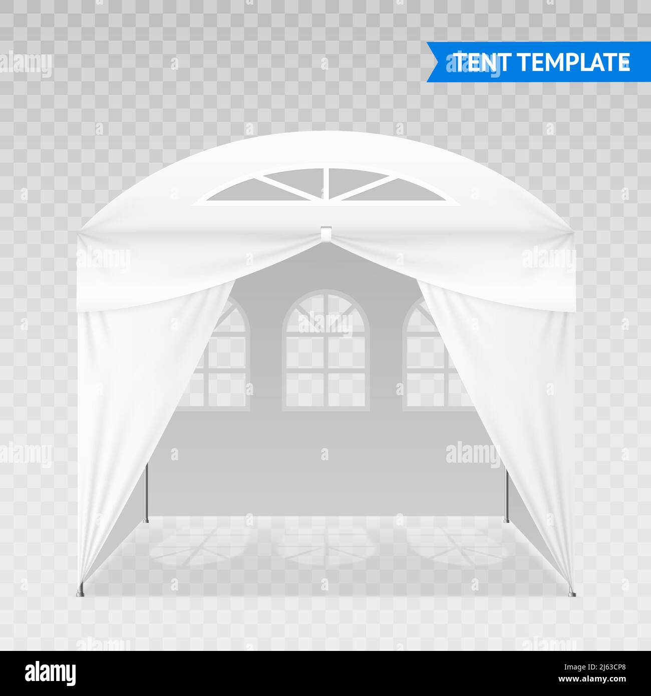 Realistische Outdoor-Zelt-Vorlage mit Metallstangen, gewölbtes Dach, gewölbte Fenster isoliert auf transparentem Hintergrund Vektor-Illustration Stock Vektor