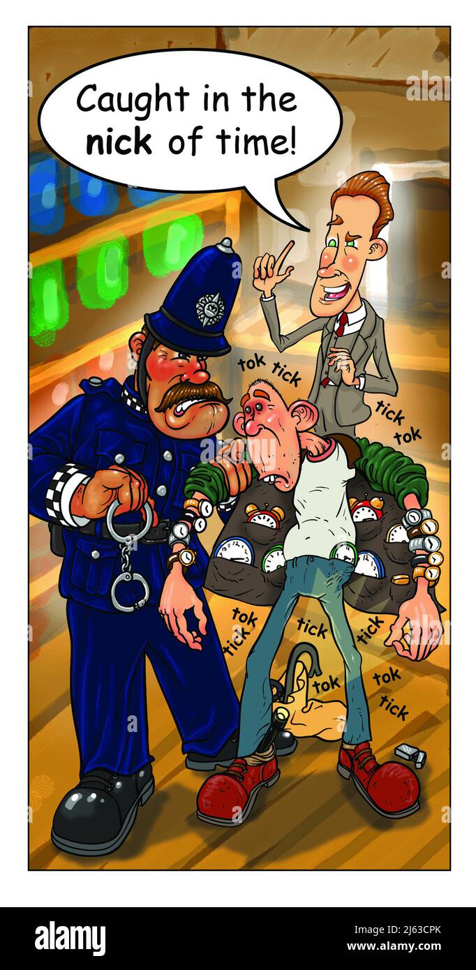 Art of watch Thief being Arrested Illustrating in humorvoller Weise Englische populäre Sprichwort gefangen im Nickerchen der Zeit, etwas passiert im letzten Moment Stockfoto