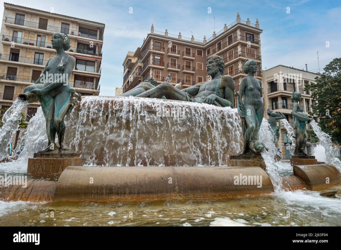 Valencia Brunnen Rio Turia auf dem Platz der Jungfrau Maria, Stockfoto