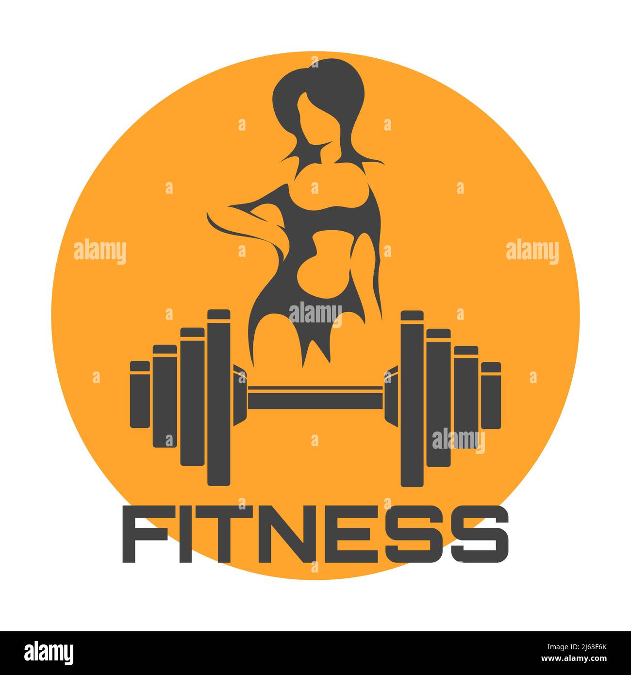 Fitness-Logo mit Athlet Female Silhouette und Hantel isoliert auf weiß. Vektorgrafik. Stock Vektor