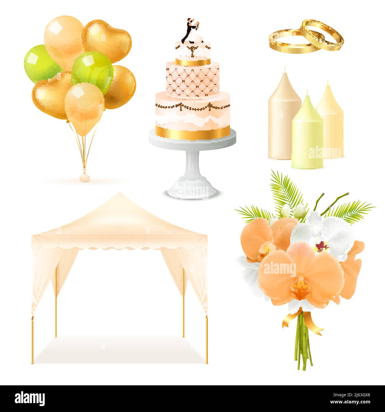 Hochzeit Elemente realistische Set mit Outdoor-Zelt, Kuchen, Kerzen, Ringe, Blumenstrauß, Isolierte Vektordarstellung für Ballons Stock Vektor