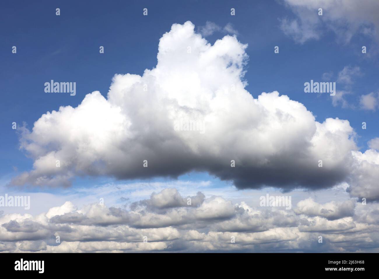 Weiße Cumulus-Wolken in blauem Himmel. Sommerwolkenlandschaft, schöner Wetterhintergrund Stockfoto