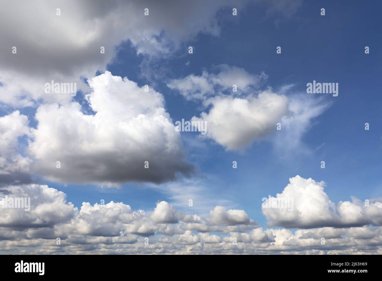Weiße Cumulus-Wolken in blauem Himmel. Sommerwolkenlandschaft, schöner Wetterhintergrund Stockfoto