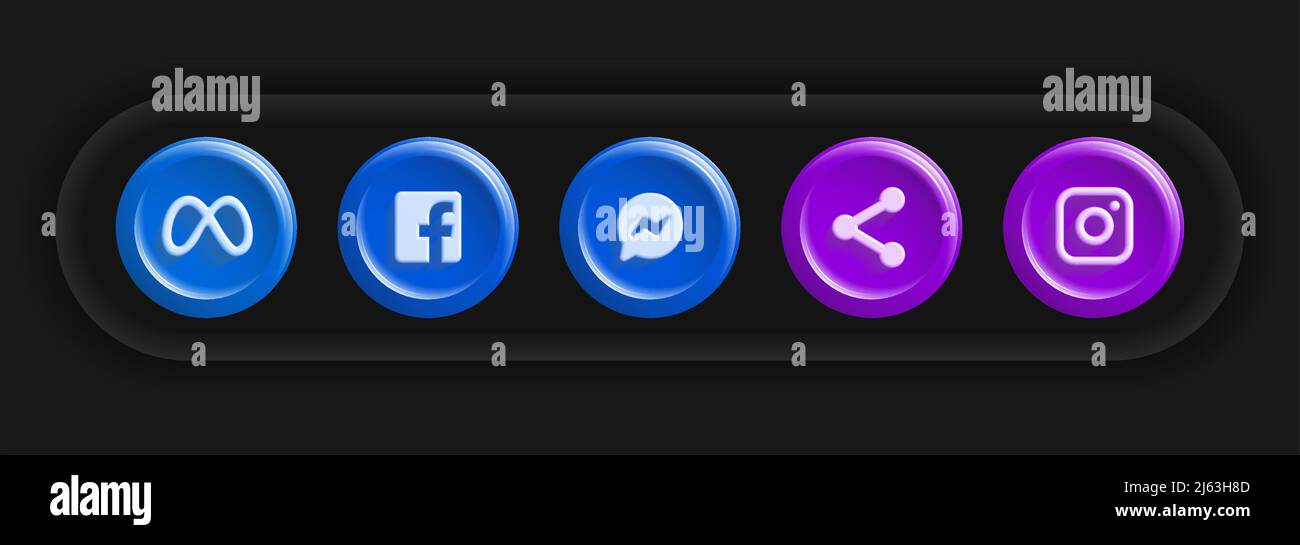 Social Media-Set. Blau Lila runde Symbole, F, Teilen, Texting App. Vektorgrafik Stock Vektor