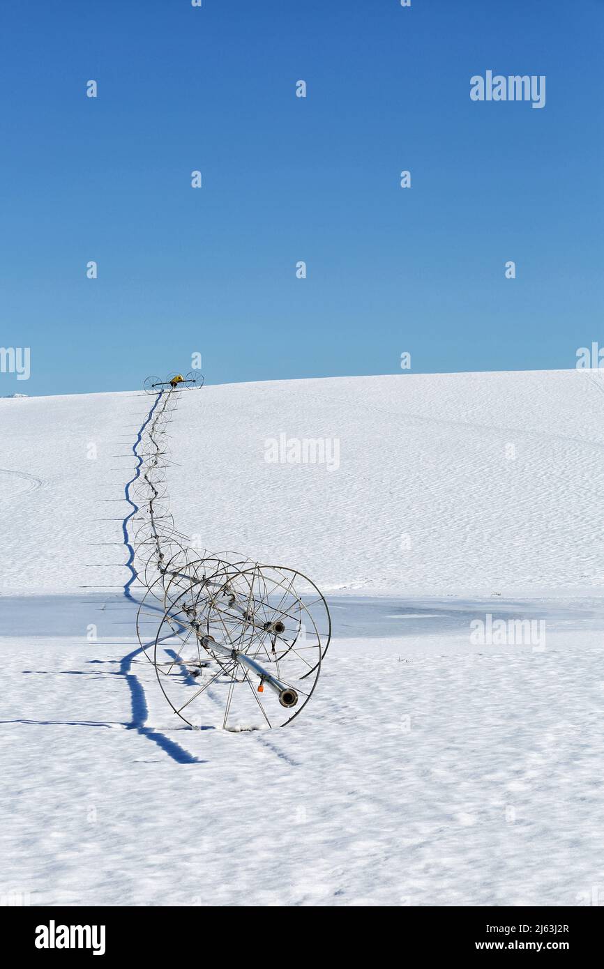 Ein Radlinen-Sprinkler auf einem Feld, im Winter mit Schnee auf dem Boden. Stockfoto