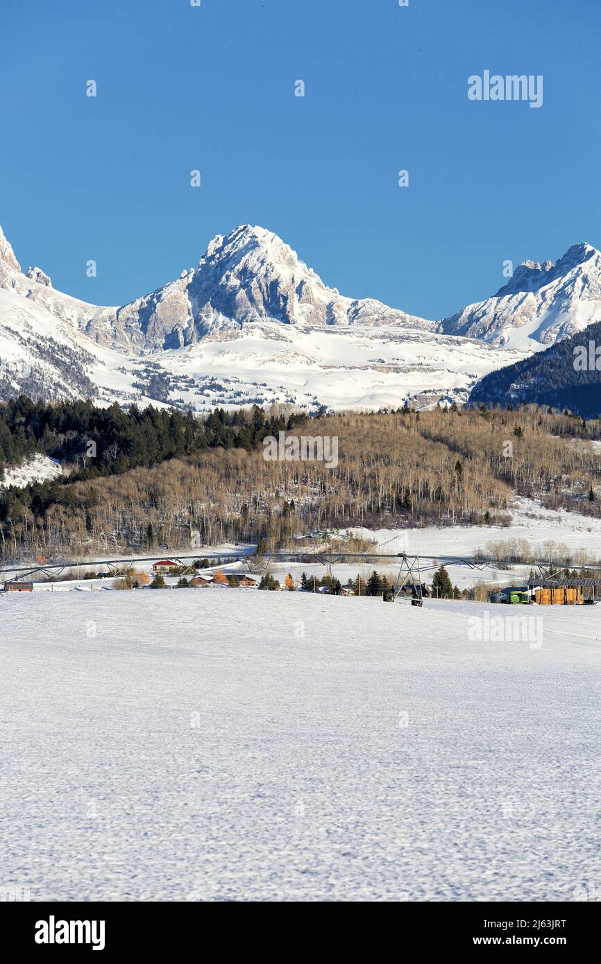Darmland vor einem schneebedeckten Berg während eines harten Idaho Winters, hält die Schneedecke, die das ganze Jahr über Wasser liefern wird. Stockfoto