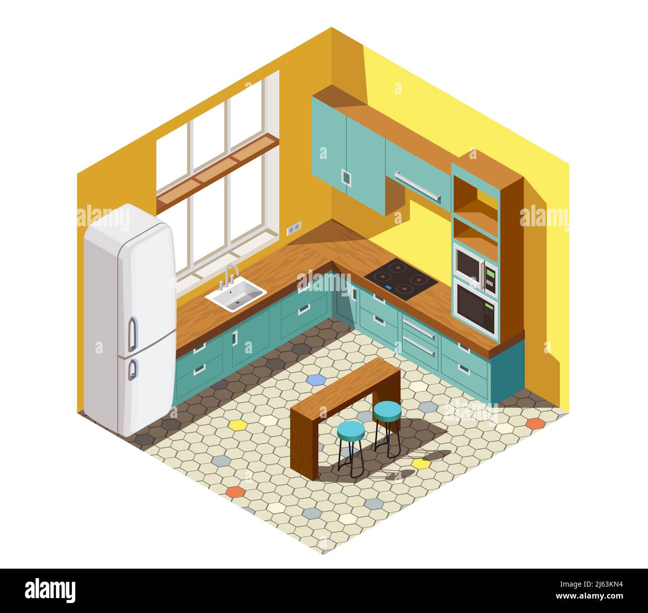 Kücheneinrichtung mit türkisbraunen Möbeln, Haushaltsgeräten, gelben Wänden und Fliesenboden isometrische Zusammensetzung Vektor-Illustration Stock Vektor