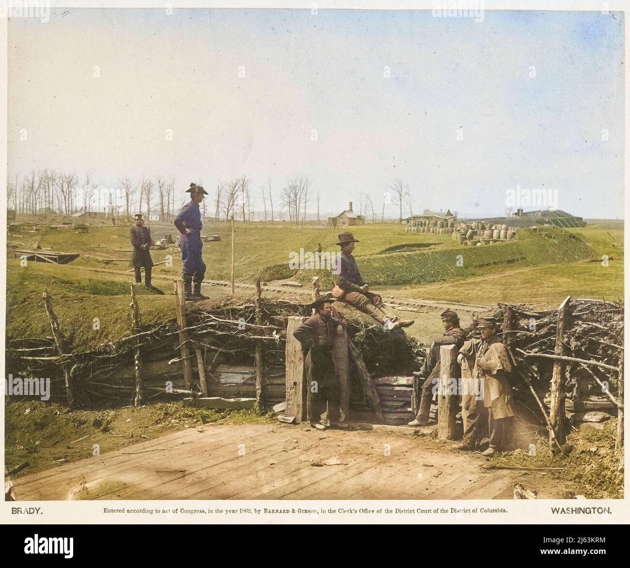 Fortifications, Manassas, März 1862, Barnard & Gibson. Unionssoldaten untersuchen die umfangreichen Verteidigungsarbeiten, die von der konföderierten Armee errichtet wurden. Stockfoto