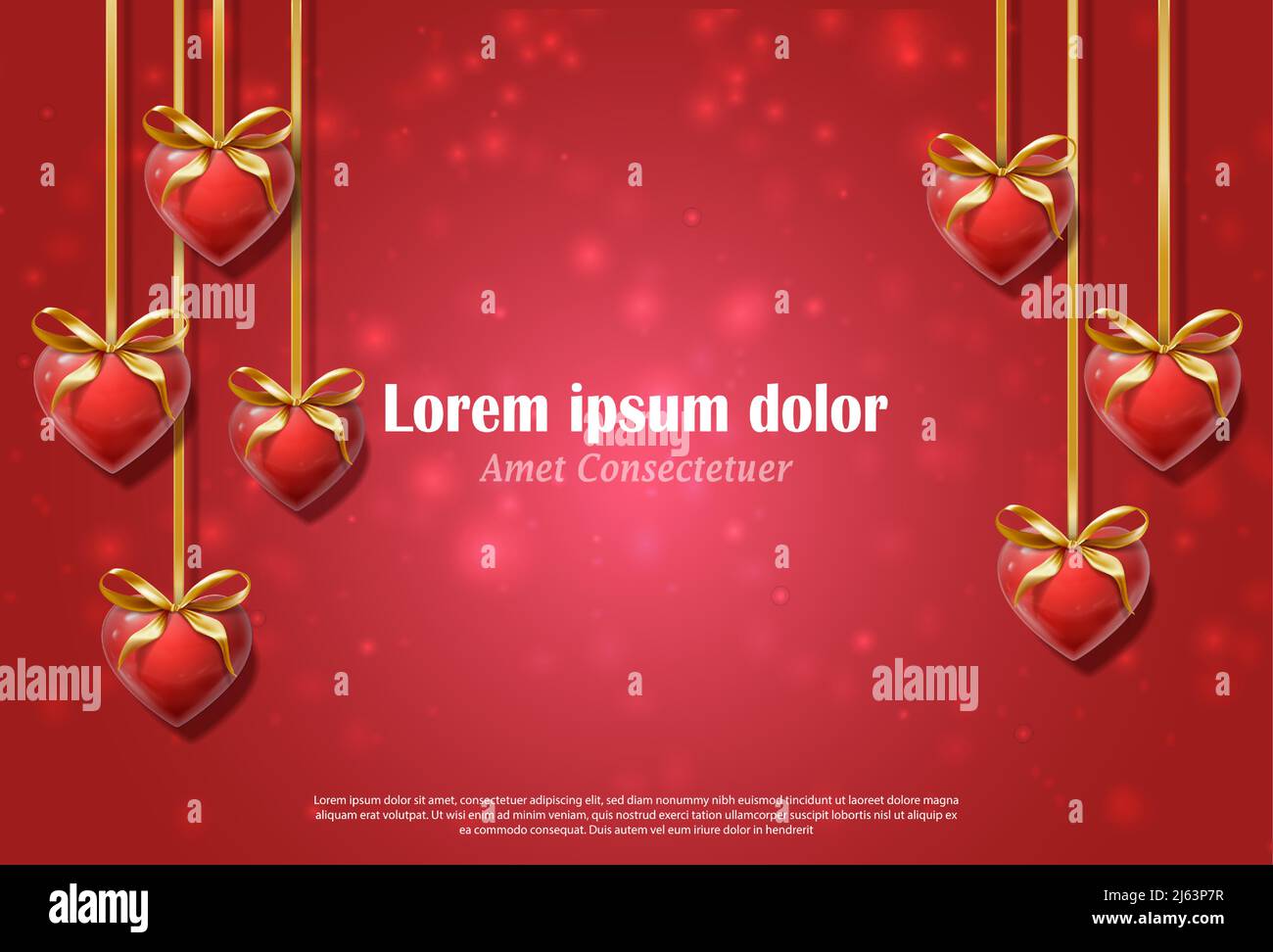Realitätsrealer Vektorhintergrund. Gruß Valentinstag Bannerflyer an der roten Wand mit hängenden Herzen und goldenen Schleifen. Stock Vektor