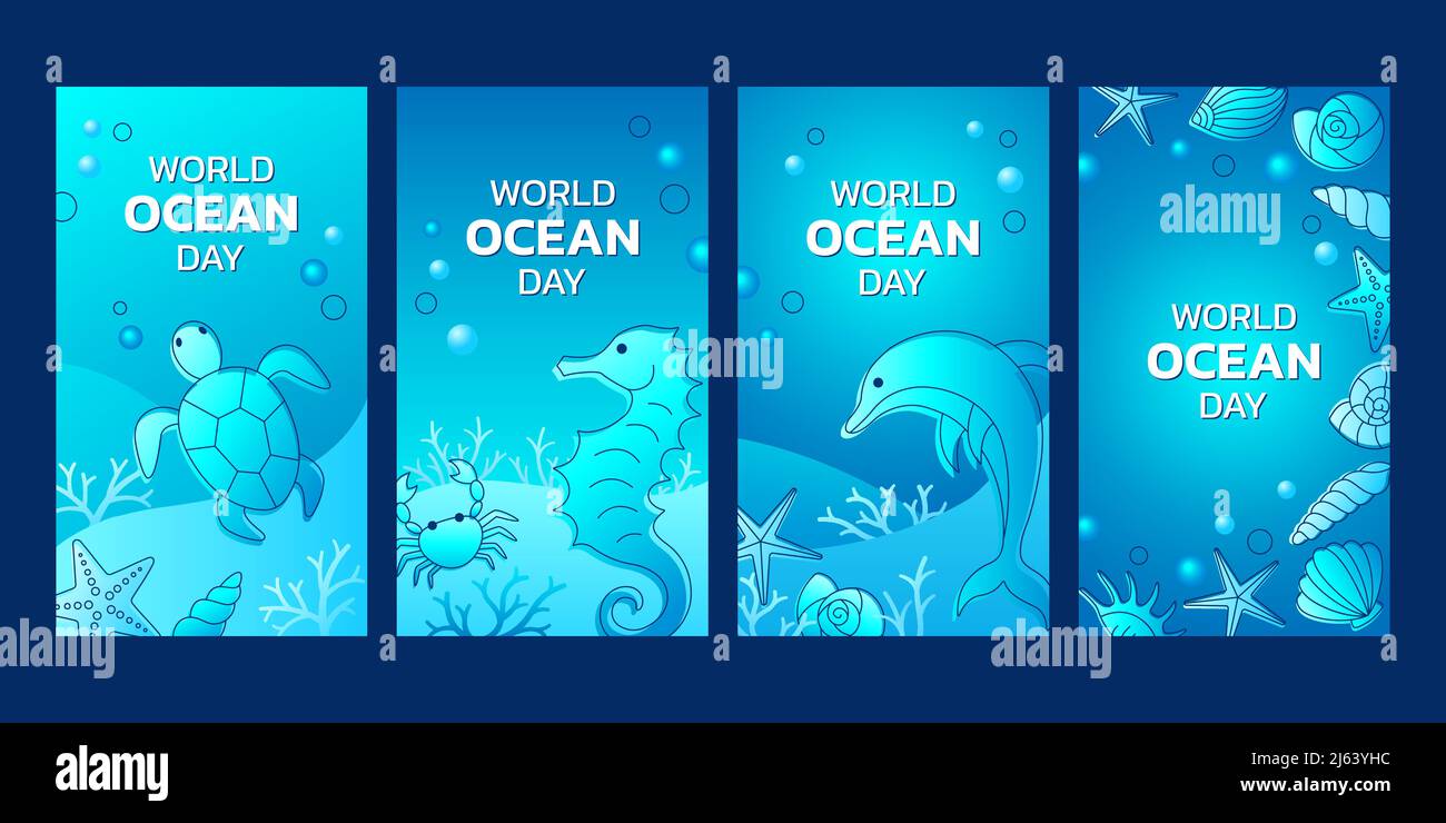 World Ocean Day Bannersammlung mit Seepferd, Schildkröte, Delphin und Muscheln. Vektorgrafik. Stock Vektor