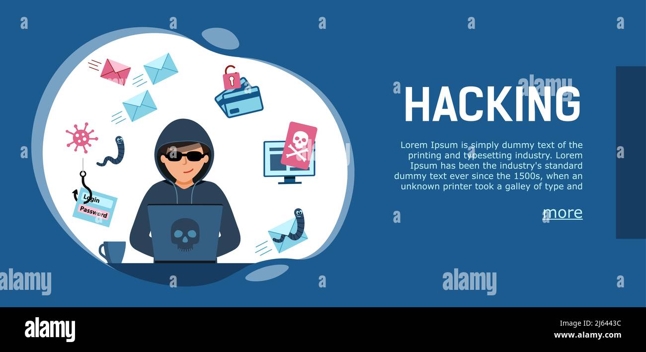 Banner-Hacking Cyber-Angriff. Hacker am Computer, der persönliche Informationen raubt, Stock Vektor
