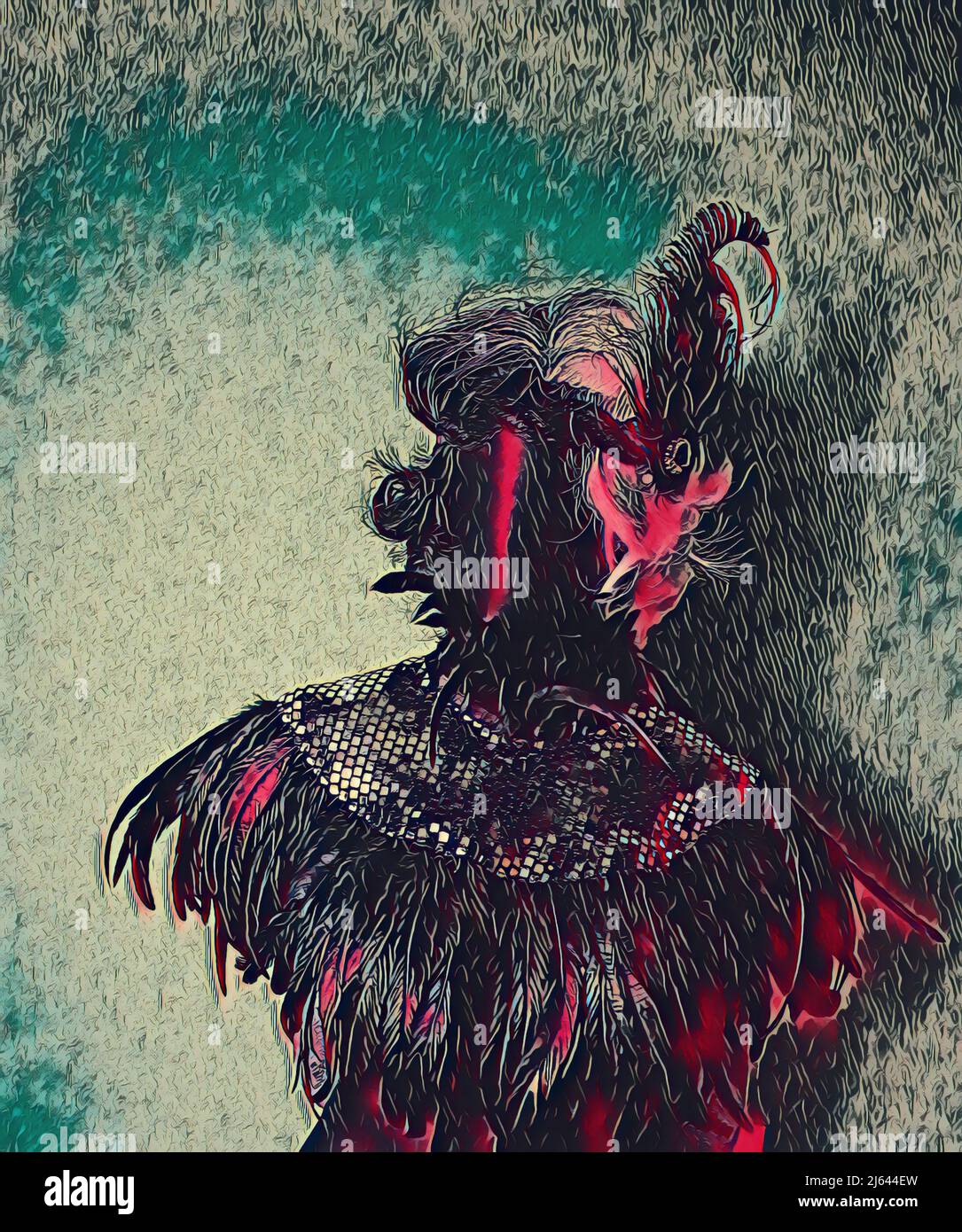 Modische Schaufensterpuppe mit schwarz-weißer Perücke, Stirnband im 20er-Stil und silberfarbenen Pailletten und Federn. Stockfoto