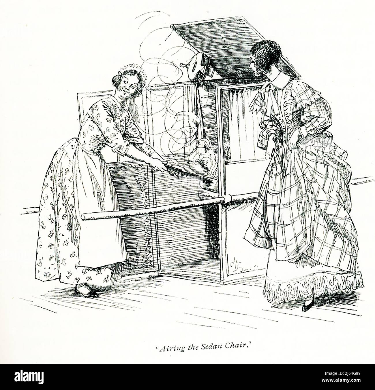 Die 1891 gesprochene Überschrift lautet: „Lüften des Sedan Chair“ – gesprochen von Martha. Sie ist aus dem Roman Cranford von Frau Gaskell entnommen und von Hugh Thomson illustriert. Elizabeth C. Gaskell (gestorben 1865), oft als Frau Gaskell bezeichnet, war eine englische Schriftstellerin, Biografin und Kurzgeschichtenautorin. Ihre Romane bieten ein detailliertes Porträt des Lebens vieler Schichten der viktorianischen Gesellschaft, einschließlich der sehr Armen. Ihr erster Roman, Mary Barton, erschien 1848. Gaskells The Life of Charlotte Brontë, veröffentlicht 1857, war die erste Biographie von Brontë. Zu Gaskells bekanntesten Romanen gehört Cranford (1851–53). Hugh Tho Stockfoto