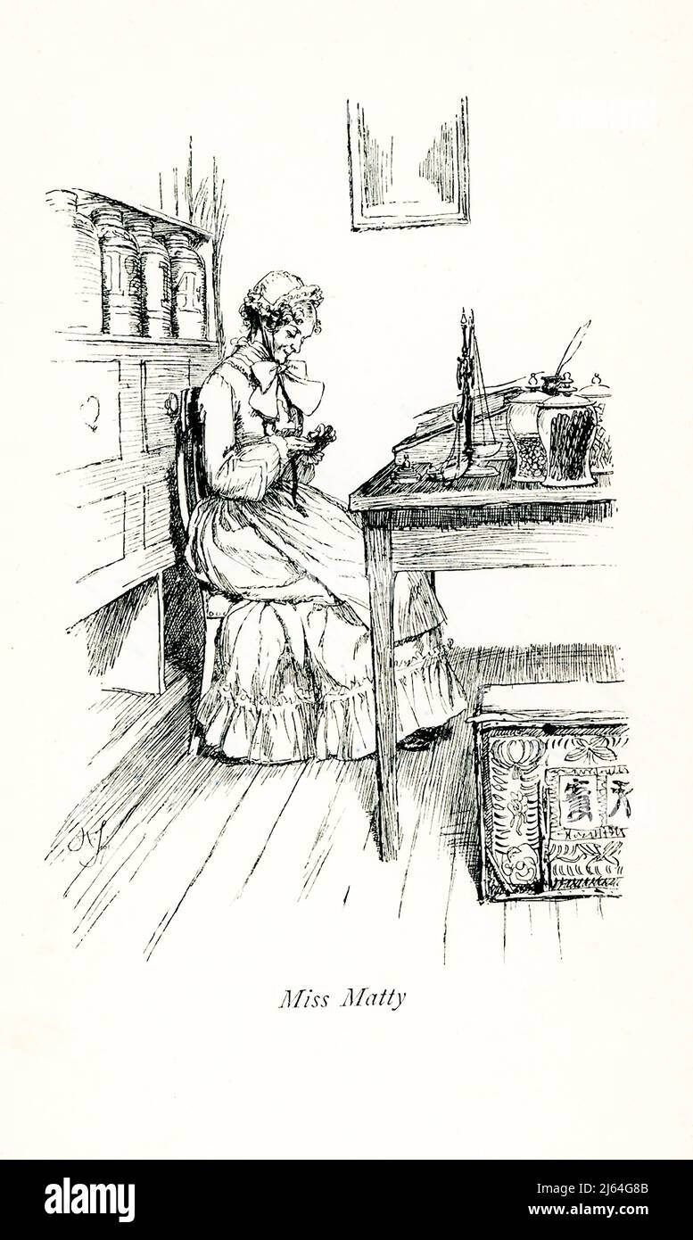Die Überschrift von 1891 lautet: „Miss Matty“. Sie ist aus dem Roman Cranford von Frau Gaskell entnommen und von Hugh Thomson illustriert. Elizabeth C. Gaskell (gestorben 1865), oft als Frau Gaskell bezeichnet, war eine englische Schriftstellerin, Biografin und Kurzgeschichtenautorin. Ihre Romane bieten ein detailliertes Porträt des Lebens vieler Schichten der viktorianischen Gesellschaft, einschließlich der sehr Armen. Ihr erster Roman, Mary Barton, erschien 1848. Gaskells The Life of Charlotte Brontë, veröffentlicht 1857, war die erste Biographie von Brontë. Zu Gaskells bekanntesten Romanen gehört Cranford (1851–53). Hugh Thomson (gestorben 1920) war ein Ire Stockfoto