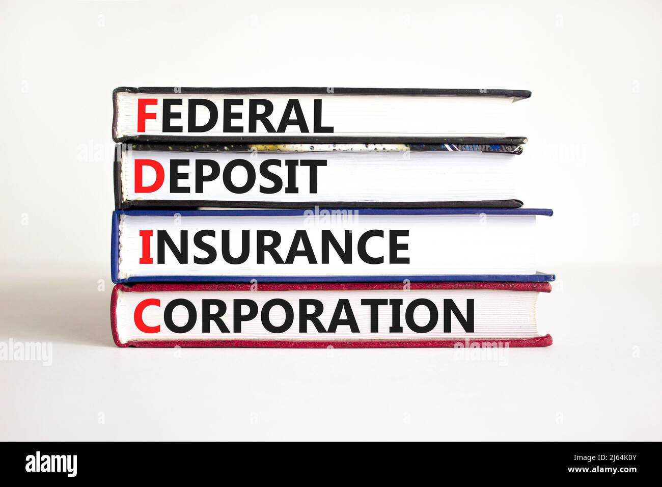 FDIC Bundeseinlagensicherungsgesellschaft Symbol. Konzept Worte FDIC Bundeseinlagensicherung auf Büchern auf weißem Hintergrund. Ausländische Direktinvestitionen für Unternehmen Stockfoto
