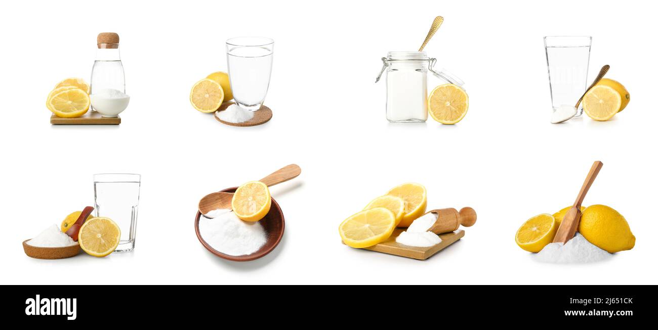 Collage aus Backpulver mit Zitronen und Wasser auf weißem Hintergrund Stockfoto
