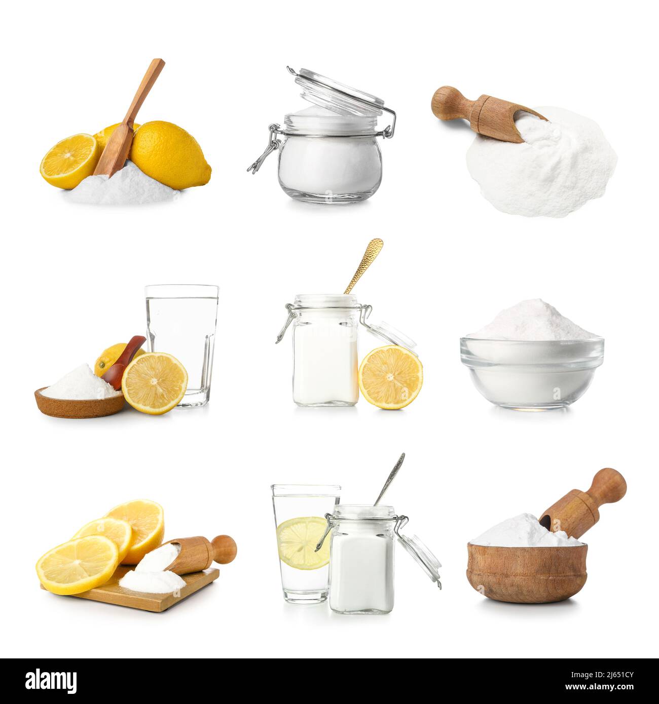 Collage aus Backpulver mit Zitronen und Wasser auf weißem Hintergrund Stockfoto
