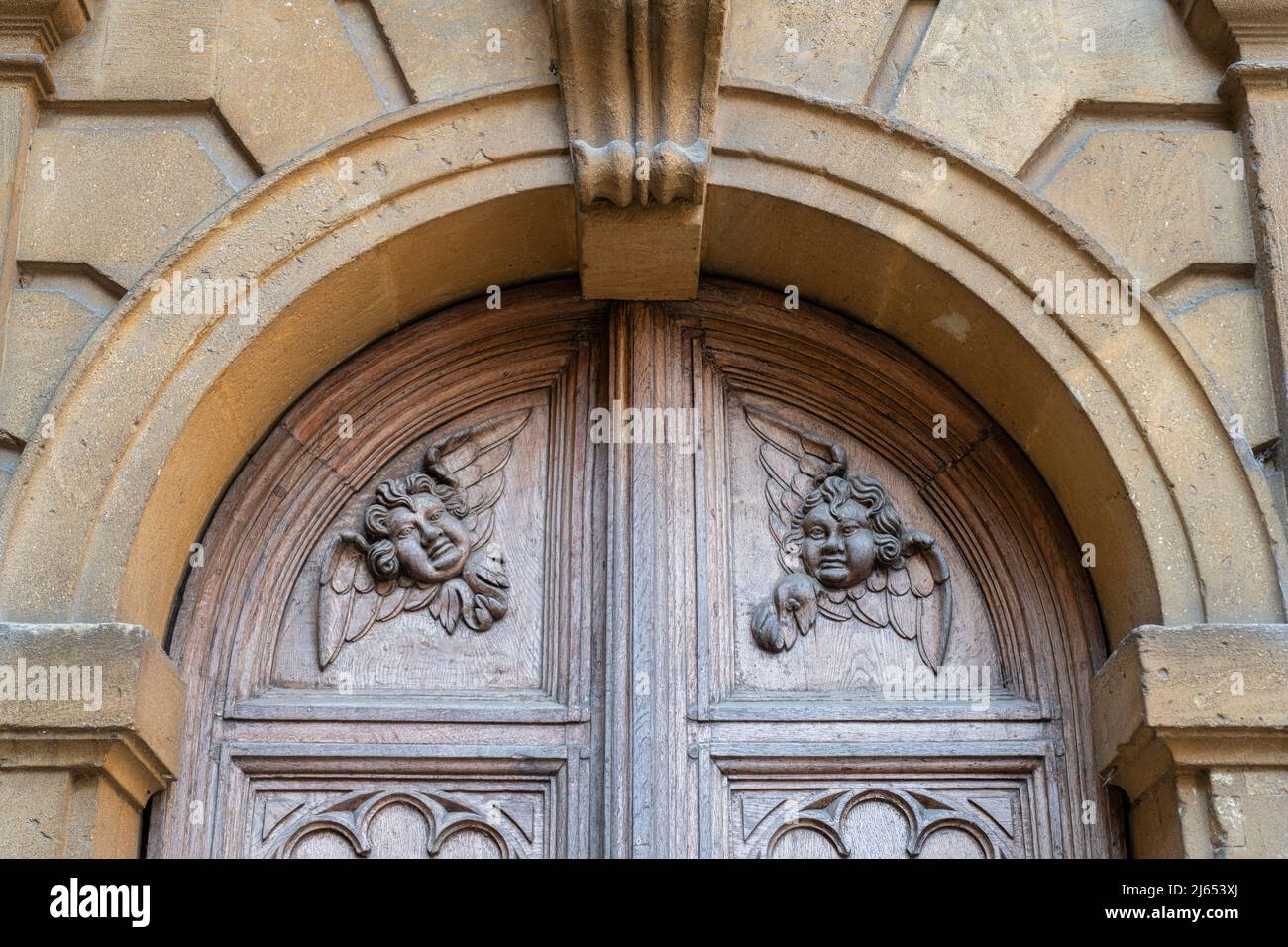 Bodleian Library Divinity School geschnitzte Holztüren Detail. Oxford, Oxfordshire, England Stockfoto