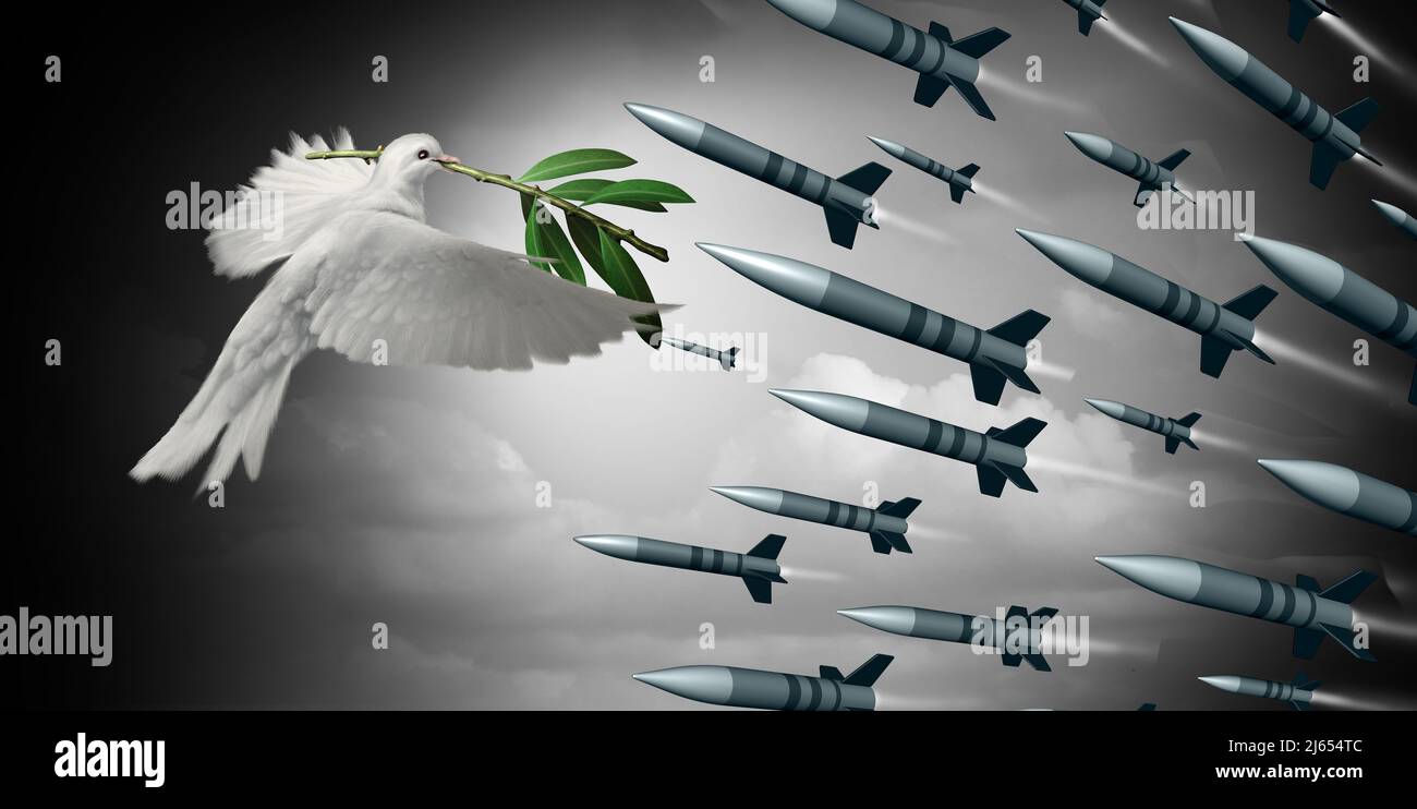 Gegen das Kriegskonzept als weiße Taube, die einen Olivenzweig hält und gegen eine Gruppe von Bomben und Raketen als Symbol für diplomatisches Abkommen steht Stockfoto