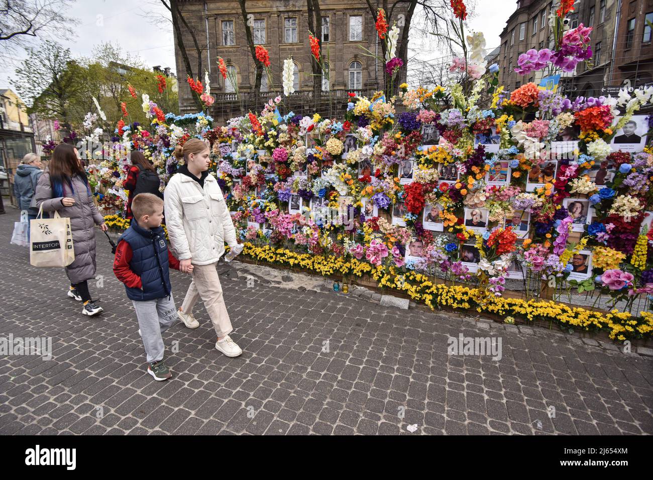 Die Menschen sehen Fotos von Menschen, die von Russen während der russischen Militärinvasion in die Ukraine an der „Mauer der Erinnerung“ in Lemberg getötet wurden. Der Amerikaner Leo Soto, der Gründer der gemeinnützigen Organisation „Wall of Hope“ Foundation, kam eigens in die Ukraine und schuf eine „Wall of Memory“ auf einer der Straßen von Lemberg. Er fand Fotos von russischen Opfern im Internet und druckte sie aus. Er schmückte die Wand mit Fotos von künstlichen Blumen. Auf diese Weise wollte er die unschuldigen Opfer der russischen militärischen Aggression in der Ukraine ehren. Stockfoto