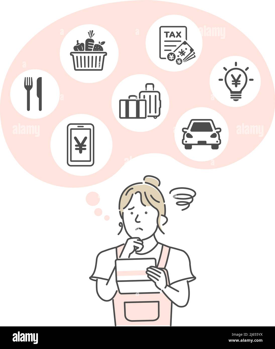 Vektor-Illustration einer jungen Frau, die ein Bankbuch ansieht und sich um Geld sorgt ( Inflation ) Stock Vektor