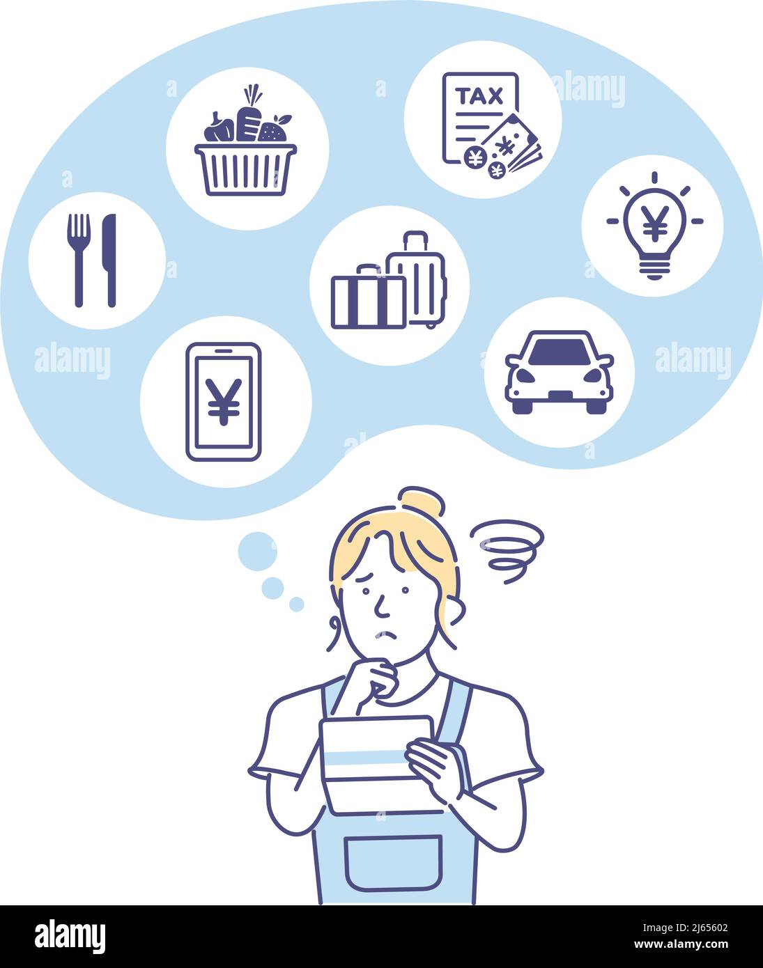 Vektor-Illustration einer jungen Frau, die ein Bankbuch ansieht und sich um Geld sorgt ( Inflation ) Stock Vektor