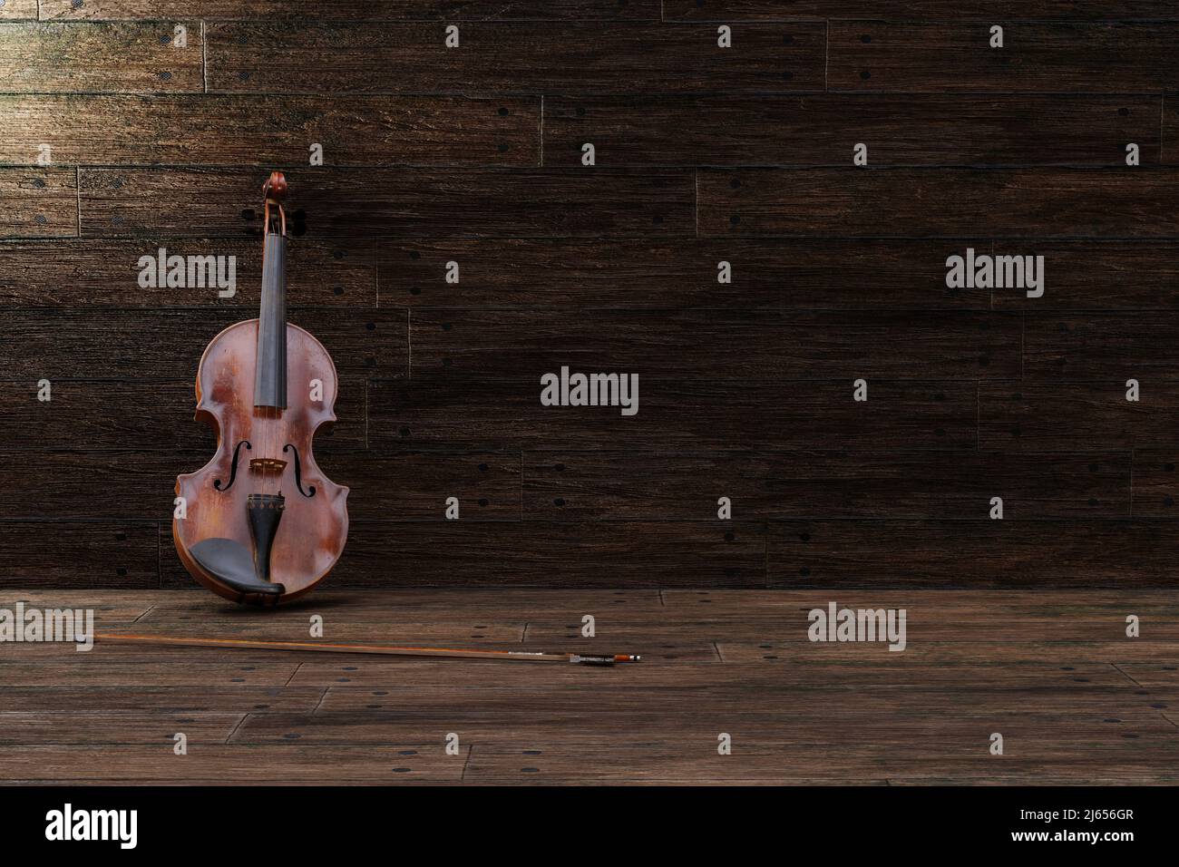 Geige auf Holzboden Hintergrund. Vorlage für Musikinstrumente. Vintage Geige mit Kopierraum. Stockfoto