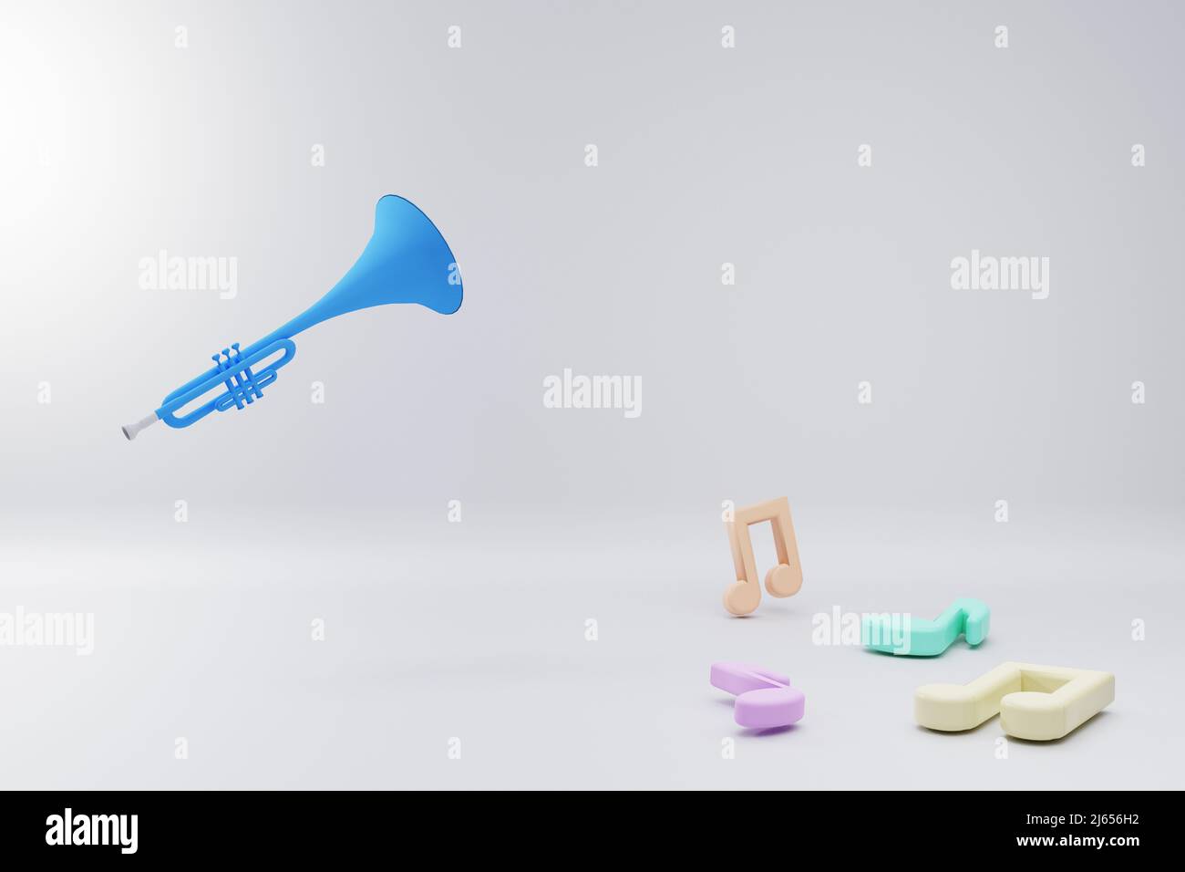 Vorlage für Musikinstrumente. Blaue Trompete und Musiknoten mit Platz zum Kopieren auf weißem Hintergrund. 3D Rendering des Bildes. Stockfoto