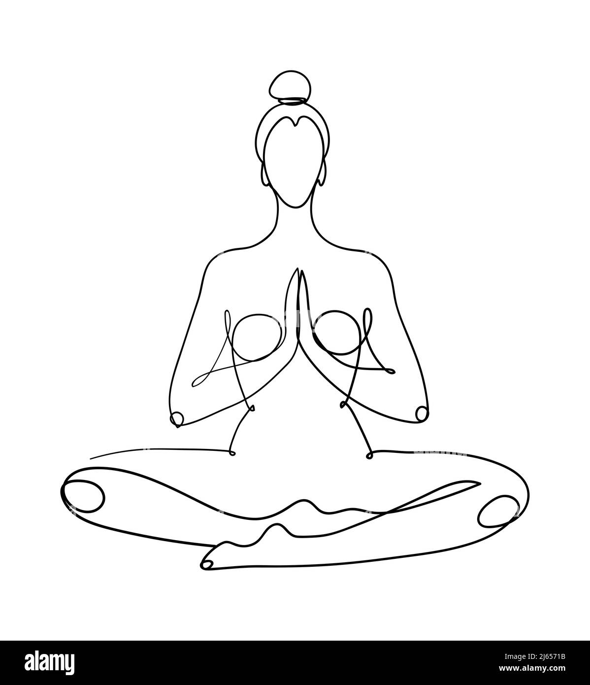 Fortlaufende einzeilige Zeichnung. Die meditierende Frau sitzt in der Lotusposition. Das Konzept von Yoga, Seelenfrieden, esoterischen Praktiken. Minimalistisch Stock Vektor