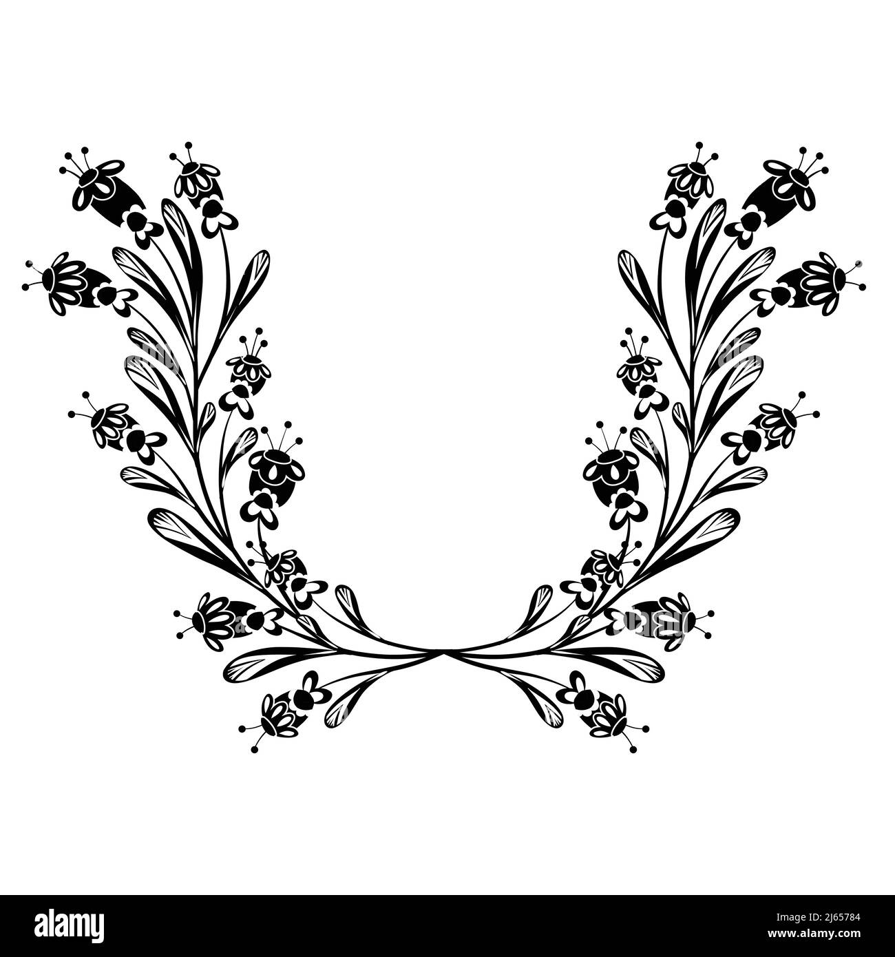 Vektor monochromen Cliparts Rahmen mit kleinen Blumen auf Stielen mit Folk-Ornamenten. Vorlage mit schwarzem Blumenarrangement mit naiven Ornamenten. Natürlich Stock Vektor