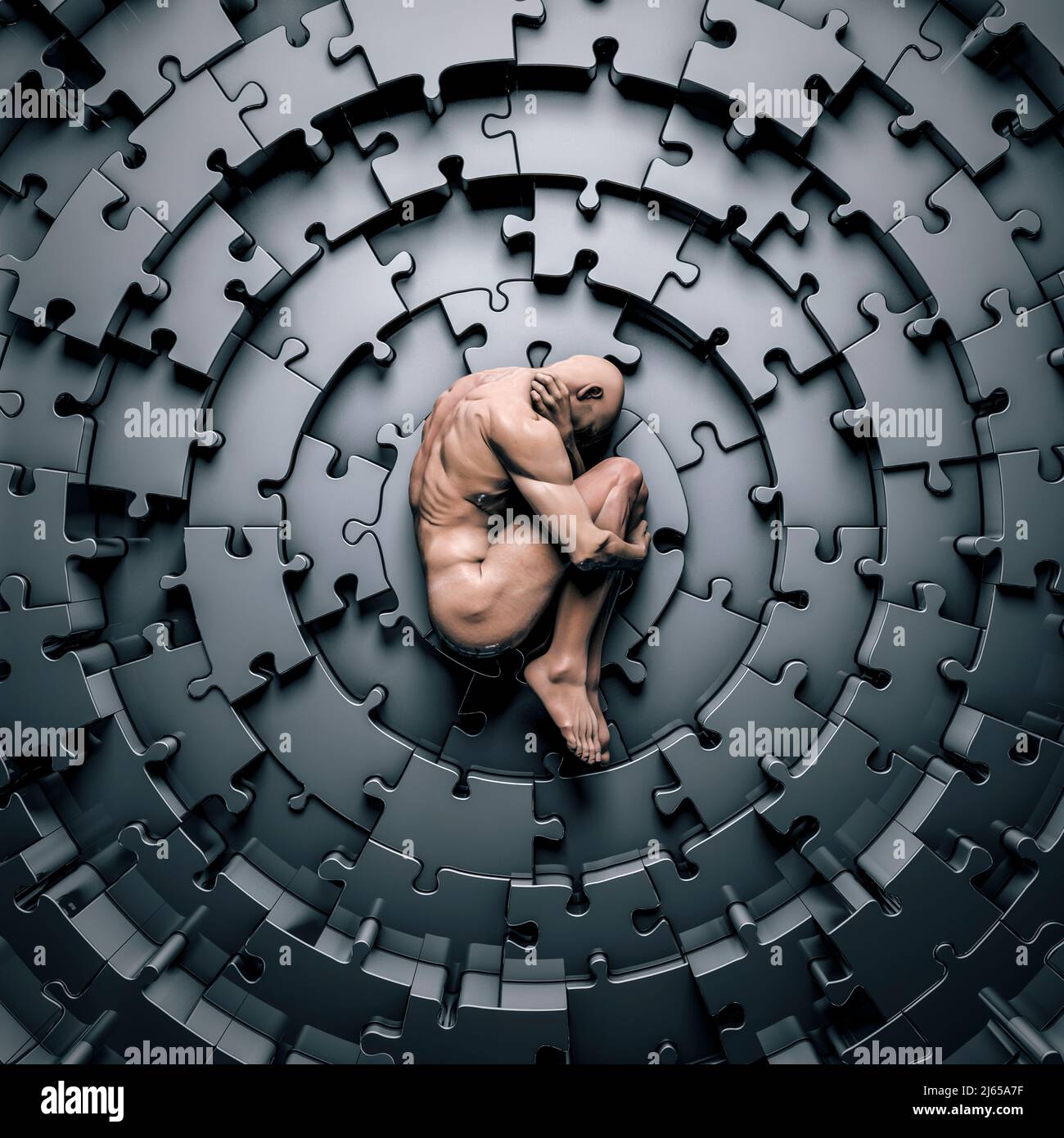 Puzzle-Konzept für psychische Gesundheit - 3D Illustration einer traurigen männlichen Figur in fötaler Position, die auf einem kreisförmigen Metall-Puzzle liegt Stockfoto