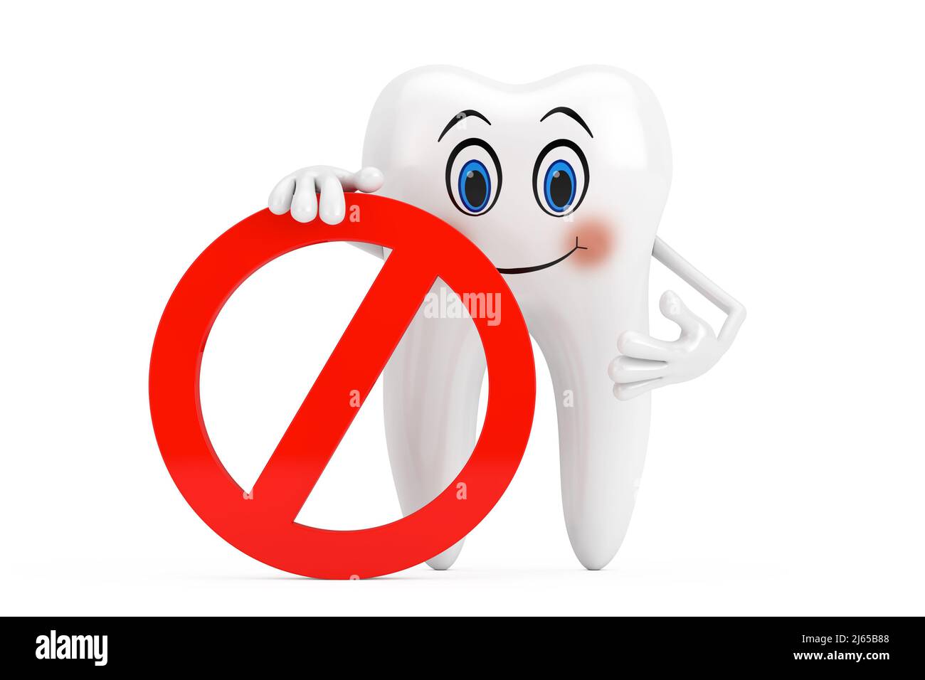 Maskottchen der Person mit weißem Zahn mit rotem Verbot oder verbotenem Schild auf weißem Hintergrund. 3D Rendering Stockfoto