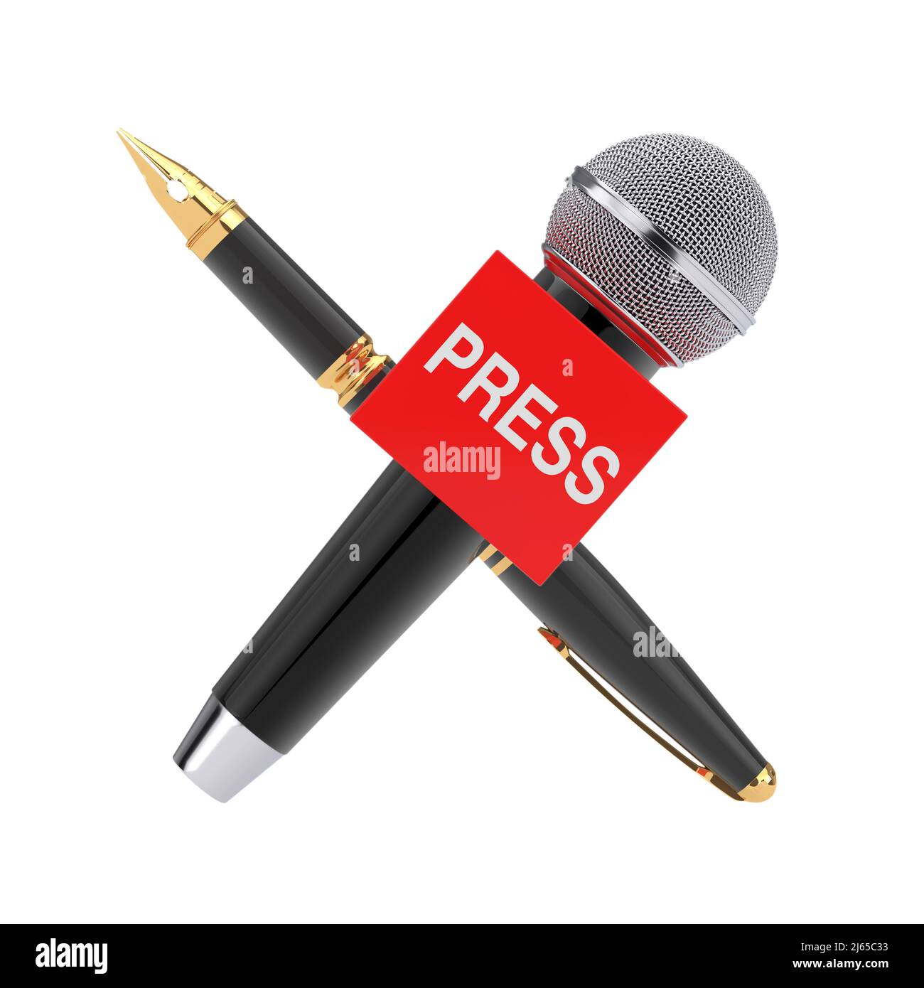 World Press Freedom Day Konzept. Golden Fountain Schreibstift mit Druckmikrofon auf weißem Hintergrund. 3D Rendering Stockfoto