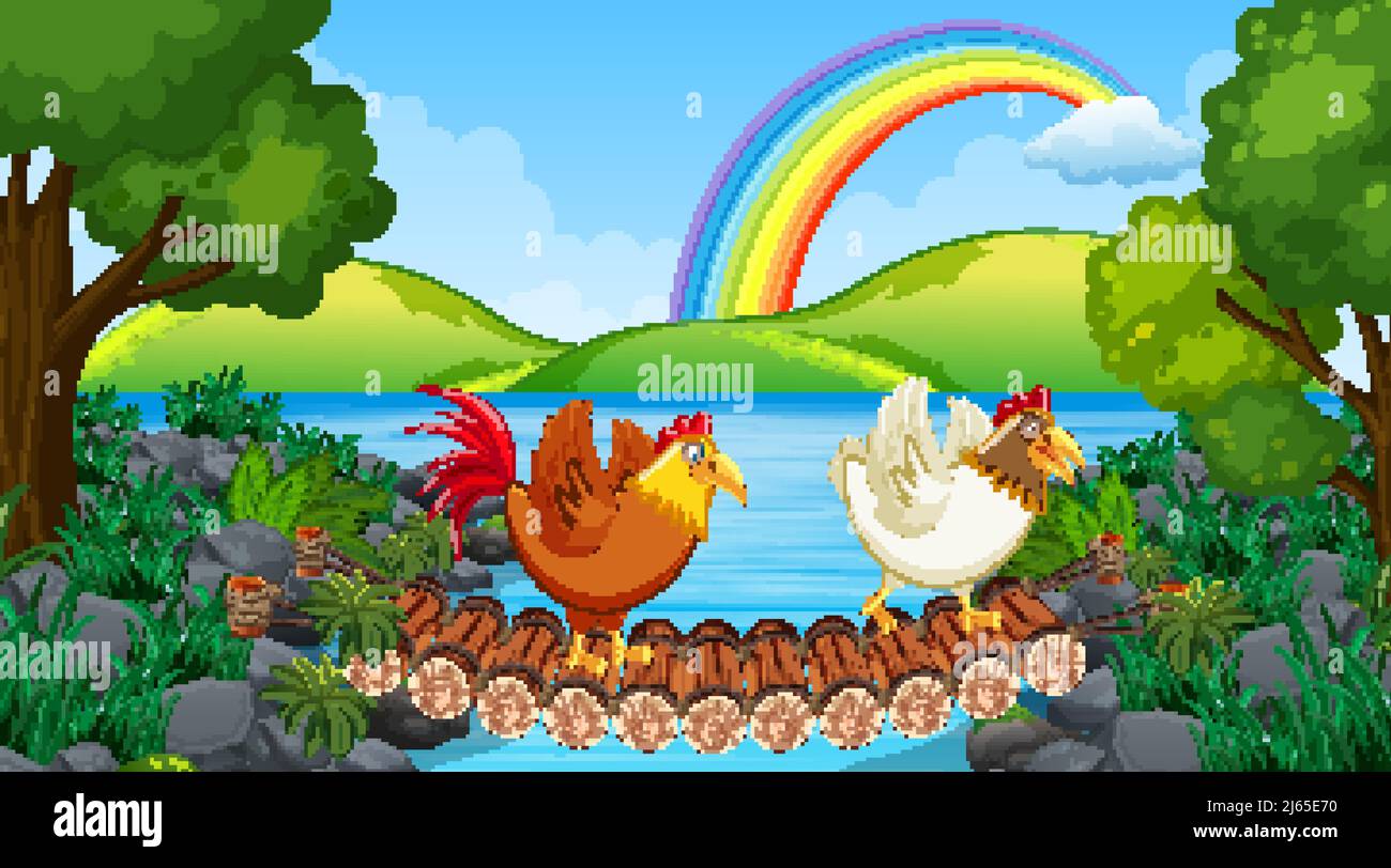 Parkszene mit zwei Hühnern auf der Brückendarstellung Stock Vektor