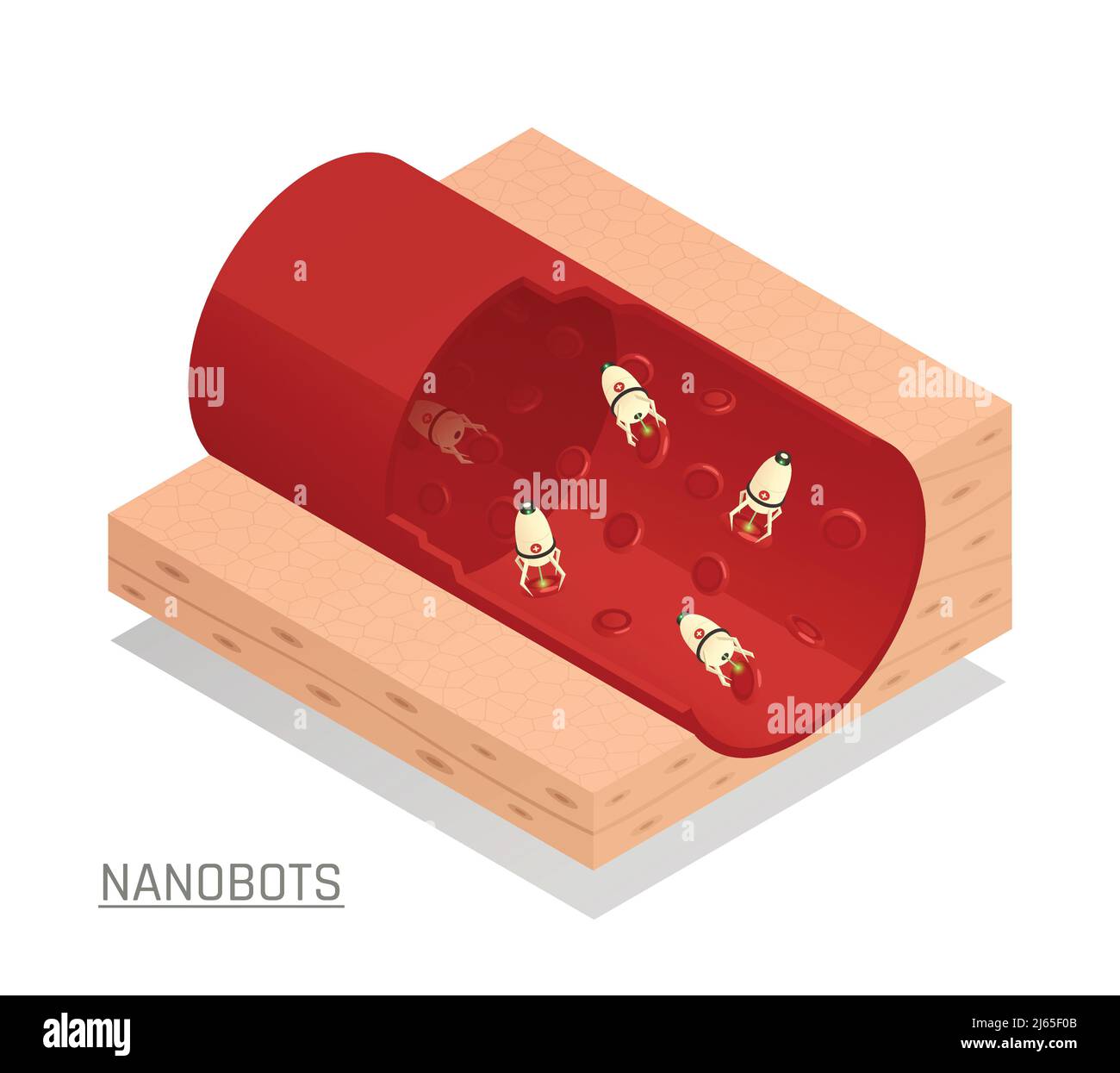 Innovative Nanotechnologie medizinische Tests Diagnostik und Behandlungen mit Nanorobots fließen Durch Blutgefäß isometrische Zusammensetzung Vektor illustrat Stock Vektor