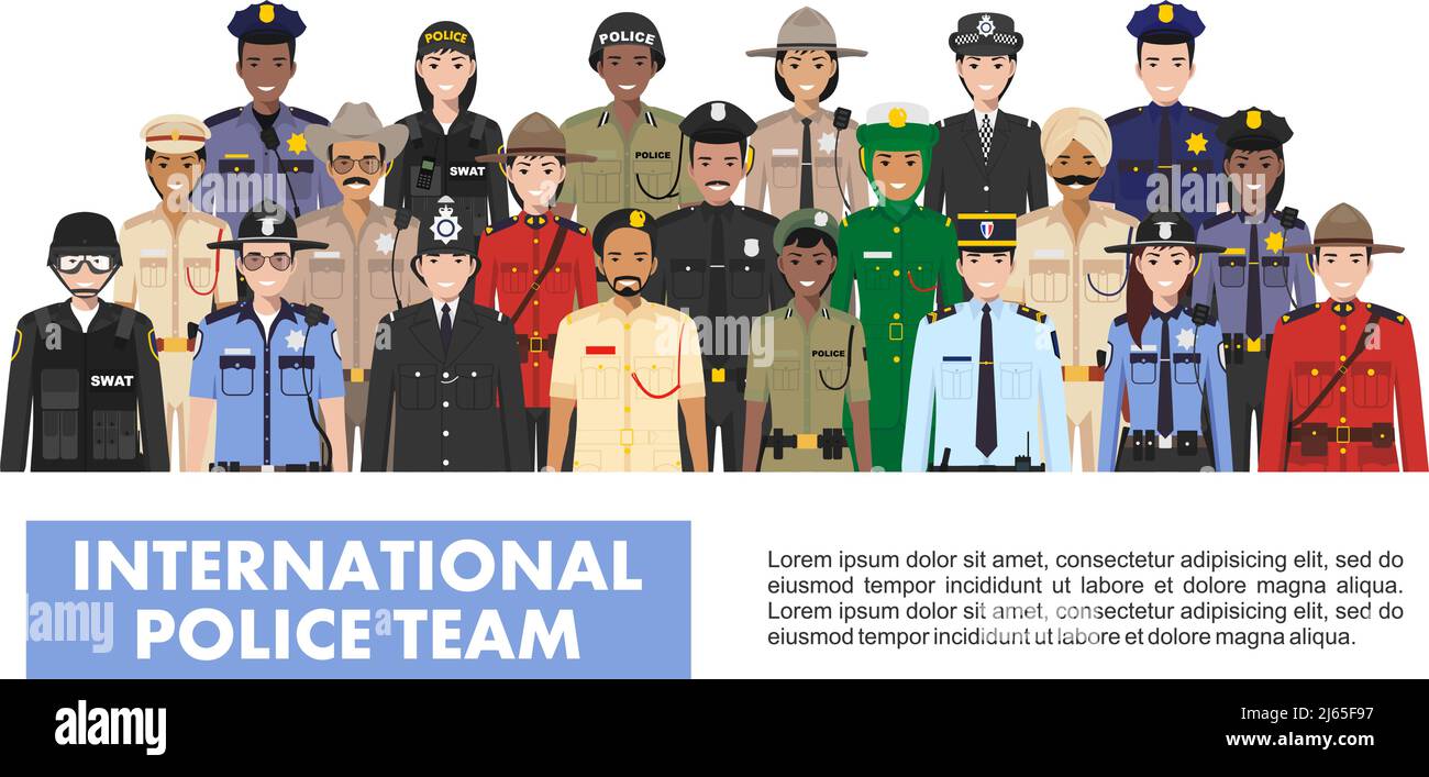 Internationales Polizeiteam. Detaillierte Darstellung der Polizei verschiedener Länder in flachem Stil auf weißem Hintergrund. Stock Vektor