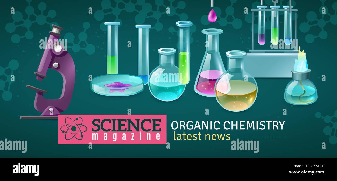 Science Magazin horizontales Banner mit dekorativen Ikonen der Ausrüstung für Experimente in der organischen Chemie Labor Vektor Illustration Stock Vektor