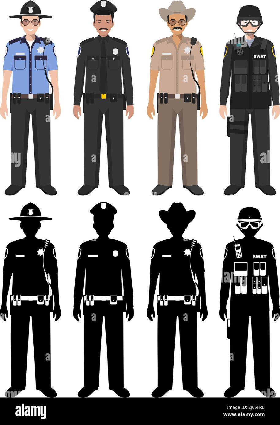 Detaillierte Illustration und Silhouetten von Sheriff, SWAT-Offizier und Polizist in flachem Stil auf weißem Hintergrund. Stock Vektor