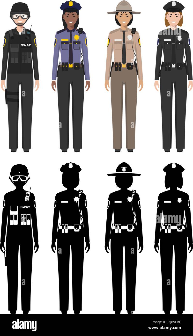 Detaillierte Illustration und Silhouetten von Sheriff, SWAT-Offizier, Polizist und Polizistin in flachem Stil auf weißem Hintergrund. Stock Vektor