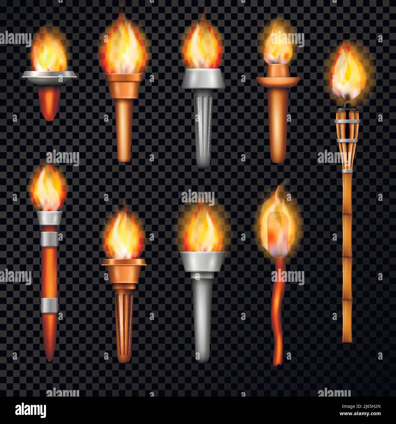 Fackel realistisches Set mit isolierten Handkresset Bilder von verschiedenen Form mit Flamme auf transparentem Hintergrund Vektorgrafik Stock Vektor