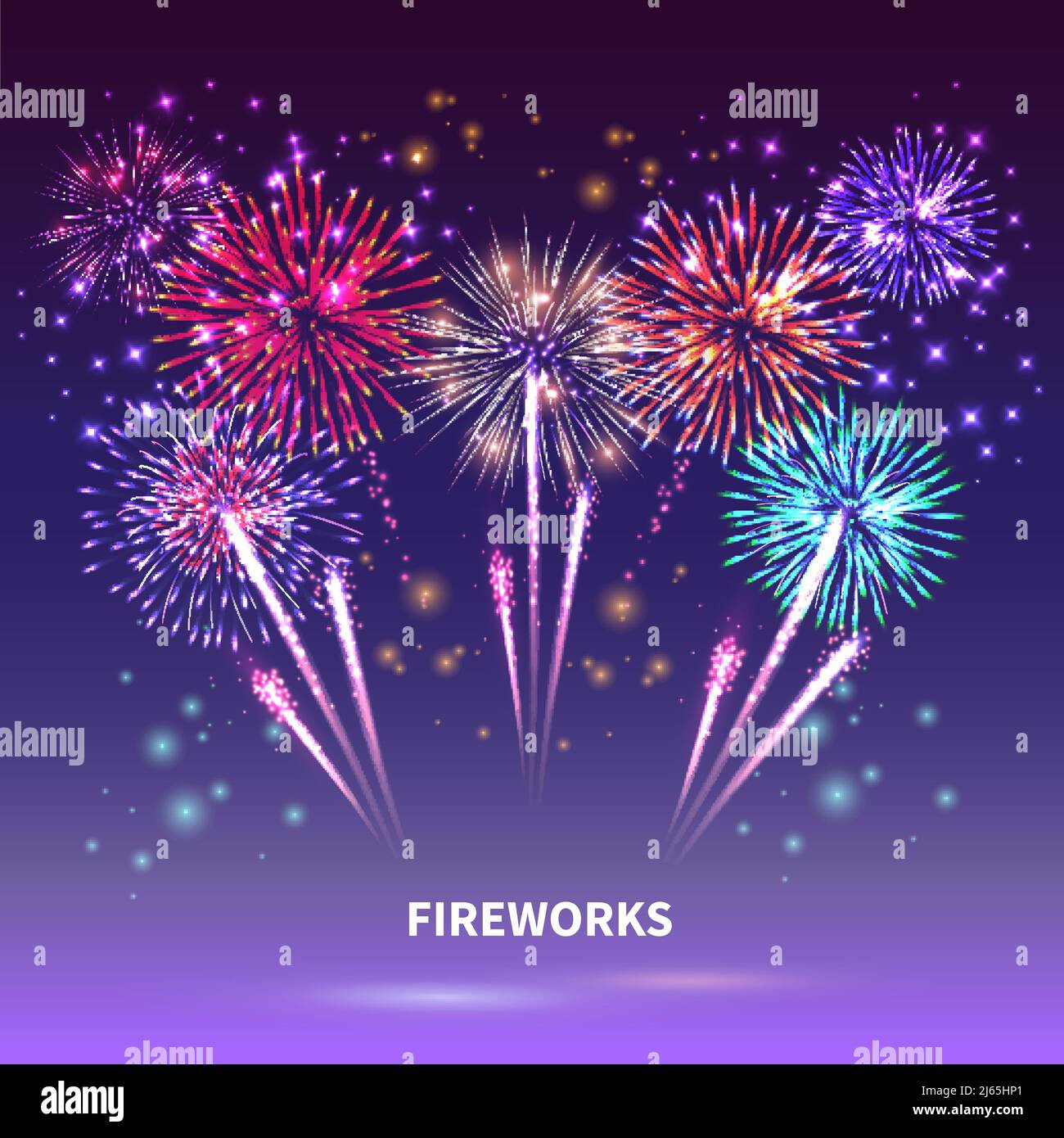 Feuerwerk Komposition mit bunten Bildern von glänzenden Feuerwerk Flecken Unterschiedliche Form auf Verlaufshintergrundvektordarstellung Stock Vektor