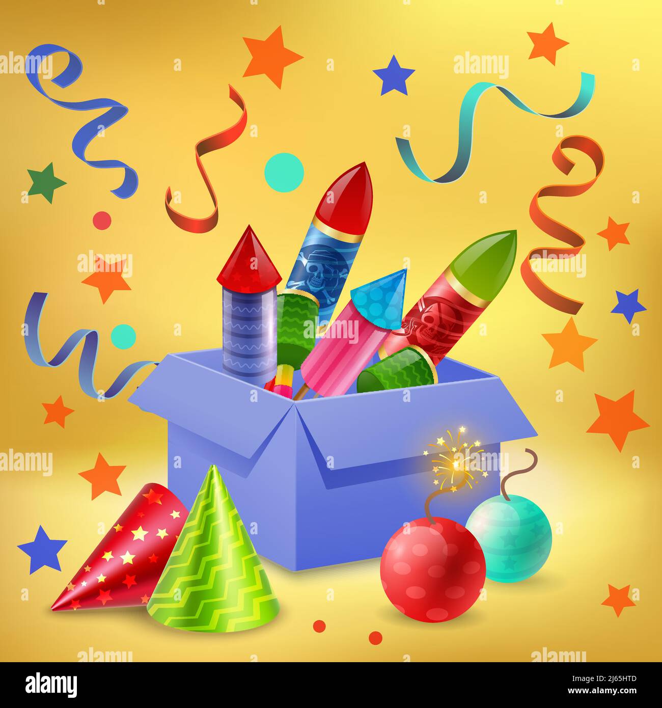 Feuerwerk Zusammensetzung der realistischen Geschenkbox mit Feuerwerkskörper Konfetti gefüllt Sparkler Bälle und Party Hüte Vektor-Illustration Stock Vektor