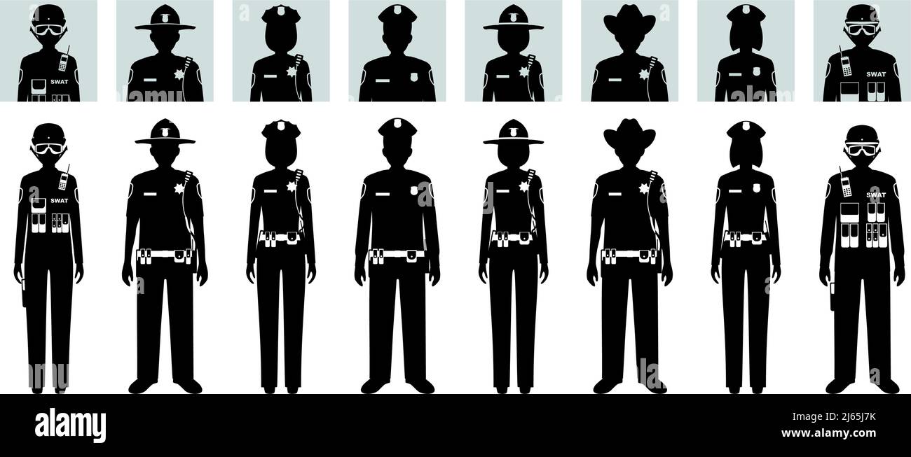 Polizeikonzept Set aus verschiedenen Silhouetten und Avataren Ikonen von Sheriff, SWAT-Offizier, Polizistin und Polizist in flachem Stil auf weißem Hintergrund. V Stock Vektor