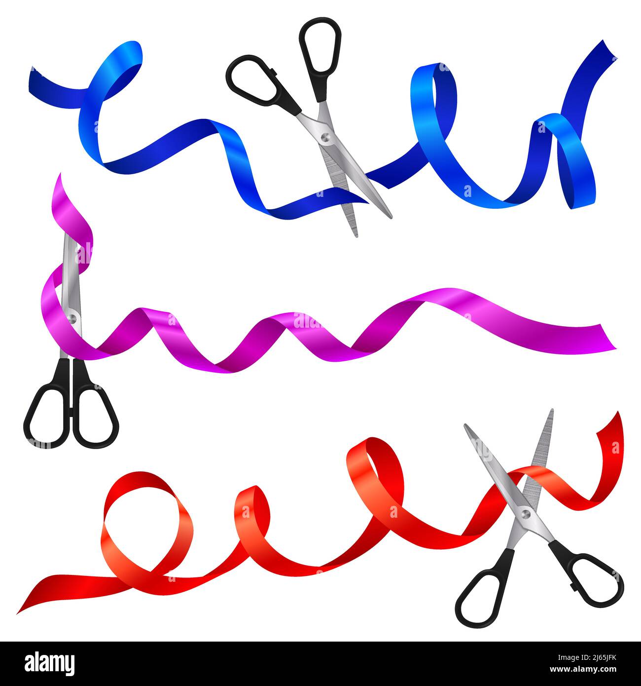 Set von bunten wirbelnden Bändern mit Metallschere als Symbol Der öffentlichen Zeremonie der großen Eröffnung Einweihung Veranstaltung realistischen Vektor Abbildung Stock Vektor