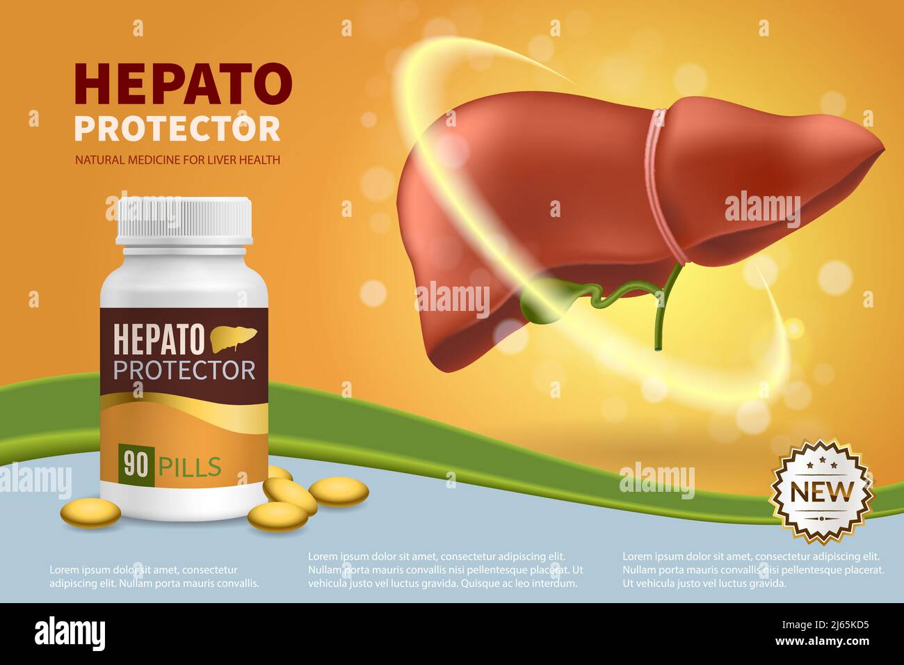 Hepatoprotector bunte realistische Zusammensetzung mit natürlichen Pillen in Kunststoff medizinischen JAR für Leber Gesundheit 3d Vektor Illustration Stock Vektor