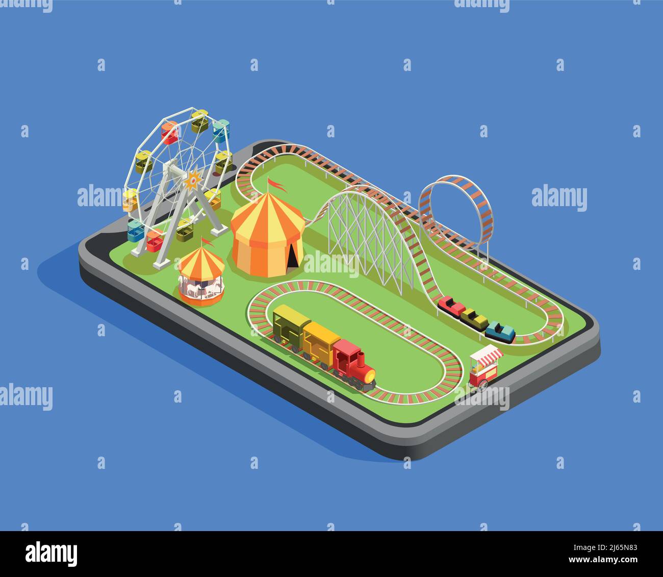 Isometrische Zusammensetzung mit verschiedenen Attraktionen im Freizeitpark auf blau Hintergrund 3D Vektorgrafik Stock Vektor