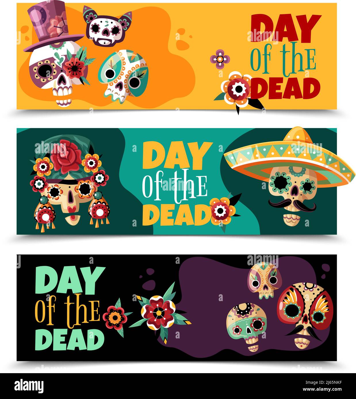 Dead Day Feier 3 bunte Hintergrund horizontale Banner mit gesetzt Lustige ornamentierte Schädel Masken isoliert Vektor-Illustration Stock Vektor