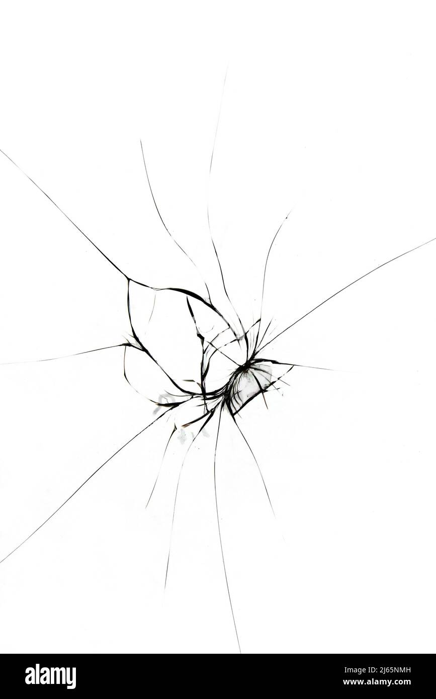 Zerbrochenes Glas auf Fenster isolierter Riss auf weißem Hintergrund. Cracks Konzept für Design. Stockfoto