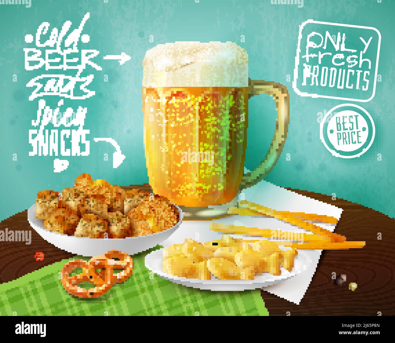 Frische Produkte Werbung Hintergrund mit Becher von kaltem Bier und Schalen mit Cracker und Snacks realistische Vektor-Illustration Stock Vektor