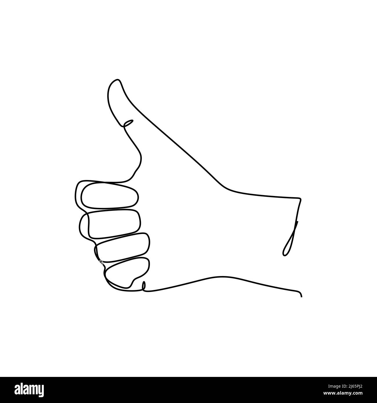 Eine Geste mit Daumen nach oben, die auf die Genehmigung hinweist, setzt die Einzelzeilenzeichnung fort. Zeichen und Symbol der Handgesten. Einzelne fortlaufende Linienzeichnung. Stock Vektor